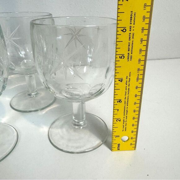 4 Vintage MCM Atomic Etched Starburst Clear Glass Goblets Set - Picture 4 of 5